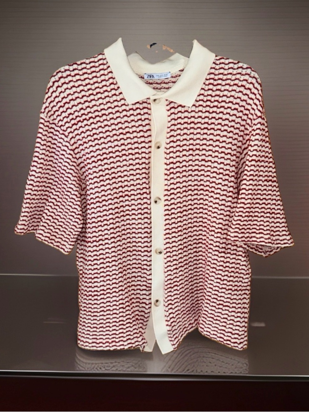 Zara Men’s Red & White Striped Knit Button-Down Polo Shirt-S-EC